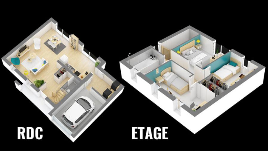 Maison étage zones de vie rdc et étage délimitées